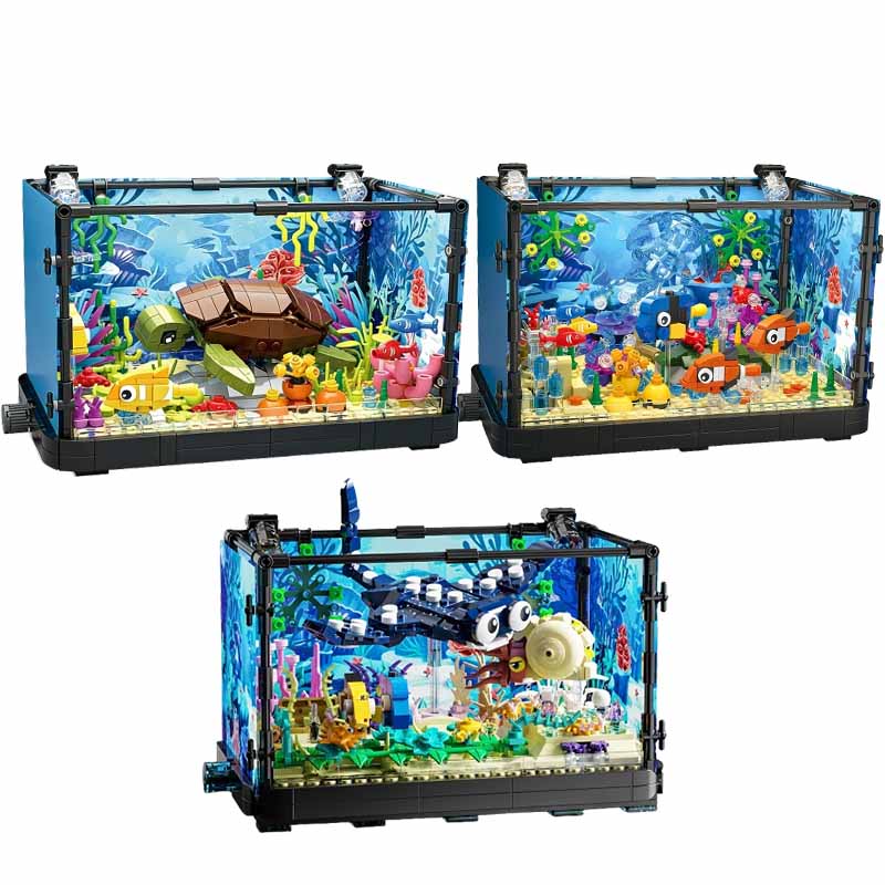 Marine Aquarium - Aquarium-Baustein-Set mit Licht, Aquarium, Meeresschildkröte, Baustein-Spielzeug